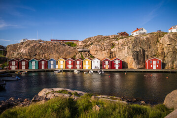 Fototapeta na wymiar Sweden, Bohuslan, Smogen, Smogenbryggan, antique boat houses and fishing shacks