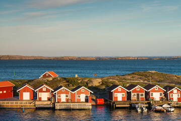 Sweden, Bohuslan, Smogen, Smogenbryggan, antique boat houses and fishing shacks