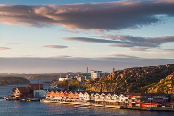 Fototapeta na wymiar Sweden, Bohuslan, Kungshamn, high angle view of coastal houses and factory
