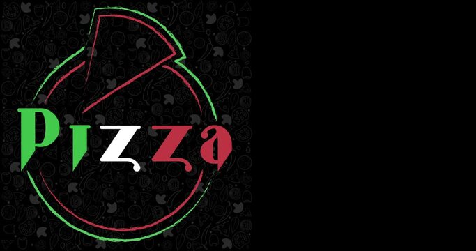 animated bright lettering pizza logo with pizza silhouette and slice