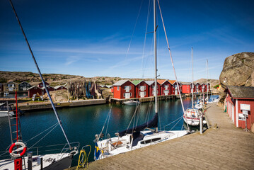 Sweden, Bohuslan, Smogen, Smogenbryggan, antique boat houses and fishing shacks