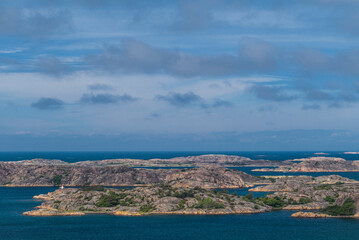Fototapeta premium Sweden, Bohuslan, Fjallbacka, elevated view of the islands in the harbor