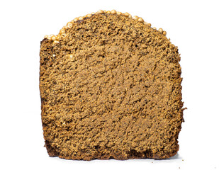 Black bread sprinkled with coriander.   Flour product. Bread with spices on white background