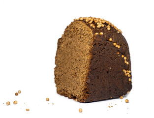 Black bread sprinkled with coriander. Borodino bread.   Bread with spices on white background
