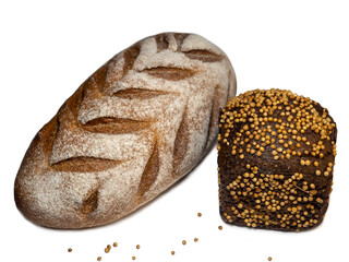 Black bread and borodino bread sprinkled with coriander.  Flour products.