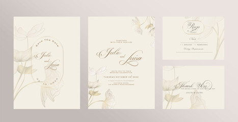 Wedding Invitation Set with Save the Date, RSVP, Thank You Card. Vintage Wedding invitation template with Golden Flower