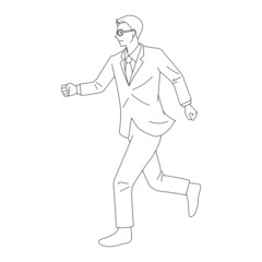 Illustration of a running businessman with glasses(white background, vector, cut out, line art)