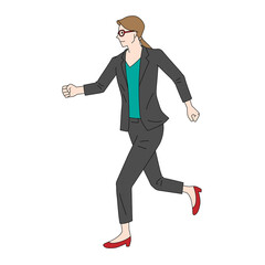 Illustration of a running businesswoman with glasses(white background, vector, cut out)