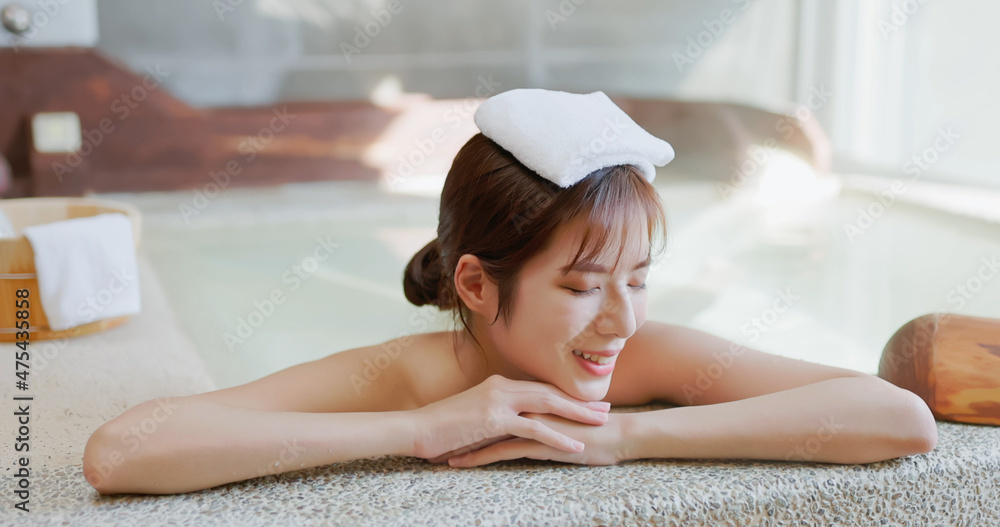 Poster woman relax in hot spring