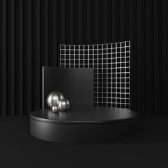 Black podium, pedestal or platform with silver elements. Advertising place scene.  3d Rendering