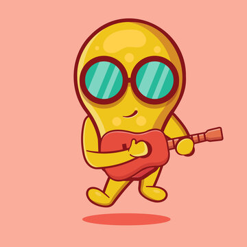 cute bulb lamp character mascot playing gutar isolated cartoon in flat style