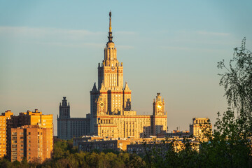 Aerial view of moscow state university at sunset light in Moscow, Russia