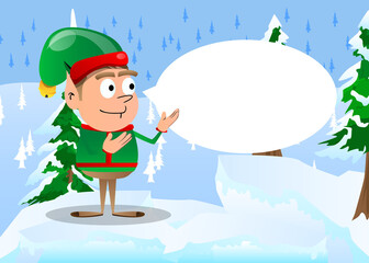 Christmas Elf showing something with both hands, powerful hand gesture. Vector cartoon character illustration of Santa Claus's little worker, helper.