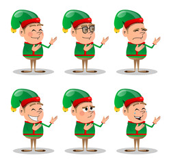 Christmas Elf showing something with both hands, powerful hand gesture. Vector cartoon character illustration of Santa Claus's little worker, helper.