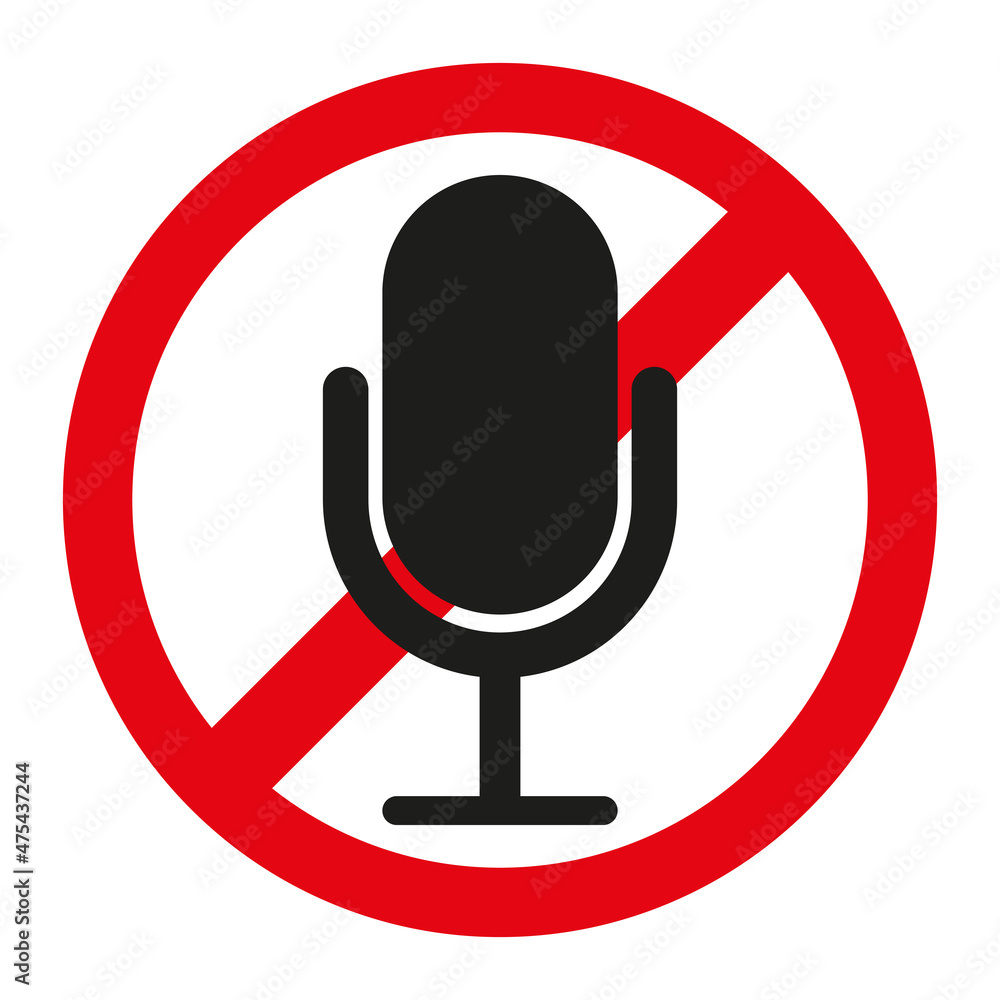 Poster not microphone. no sound. red circle. prohibited sign. technology icon. isolated object. vector illu