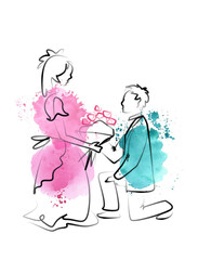 Couple of People in line art style on white background. A man gives a bouquet to a joyful girl. Watercolor pink and turquoise silhouettes