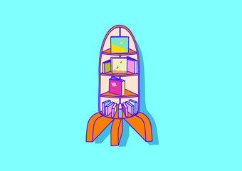 Vector illustration of bookshelf in the shape of spaceship