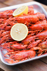 Crayfish close up, seafood plate