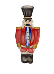 Hand drawn watercolor nutcracker. Hand-drawn Christmas toy.
