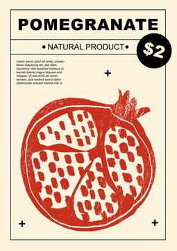 Pomegranate. Set of posters of fruits and vegetables in a abstract draw design. Label or poster, price tag. Simple, flat design. Patterns and backgrounds. Perfect for poster, cover, banner.
