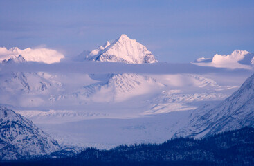 Landscape of snow covered mountain range, Homer, Alaska, US