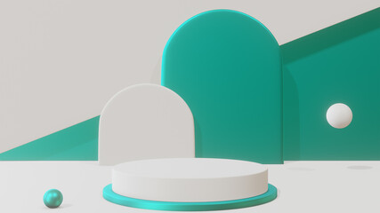3d rendering studio with geometric shapes, podium on the floor. Platforms for product presentation, mock up background. Abstract composition in minimal design.