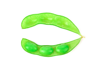 Green soy beans on white background. Top view.