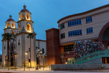 Historic Saint Augustine Cathedral at dusk in downtown Tucson, Arizona, USA