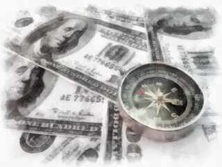 A pile of dollar bonds and a compass on top. watercolor style illustration impressionist painting.