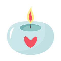 Aromatic round candle with a heart. Decorative wax candle for relax and spa.