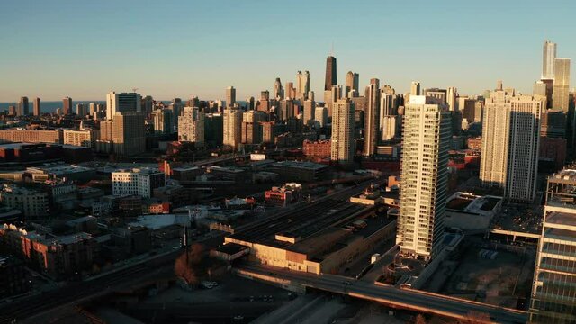 Aerial View Downtown Chicago City Center Skyline 4k