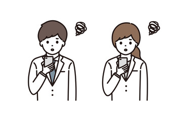 薬剤師 医師 男性 女性 スマートフォン操作 困惑