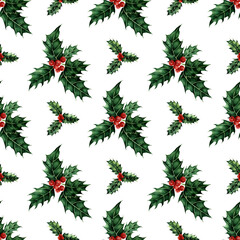 Watercolor painting pattern of green holly branch with berries. Seamless repeating floral twigs print for Christmas and New Years. Isolated on white background. Drawn by hand.