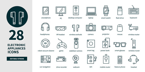 デジタルガジェットの線画アイコンベクターイラストセット　線の太さや色など編集可能です