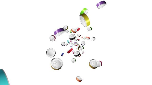 Many colorful food cans floating in air on white background. Silver can. Food concept. Meat and fish. 3D loop animation.
