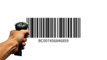 Bar code. Retail label barcode scan. Reader laser scanner for warehouse holding hand. Product code data concept.