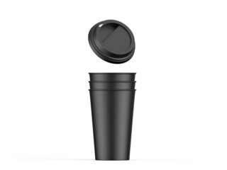 Black disposable coffee cup with plastic lid, paper cup mockup on isolated white background, 3d illustration