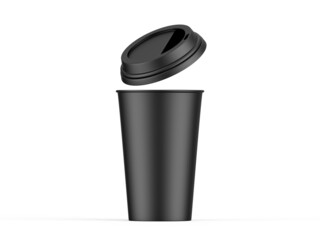 Black disposable coffee cup with plastic lid, paper cup mockup on isolated white background, 3d illustration