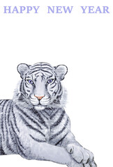 年賀状「ホワイトタイガー」（HAPPYNEWYEAR）縦