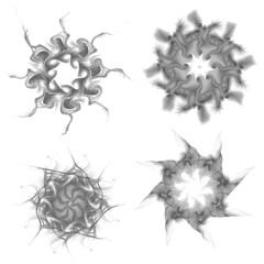Set of four black snowflakes on a white background. Abstract computer generated fractal image of a snowflake. Illustration, isolate. Use as a stamp or brush