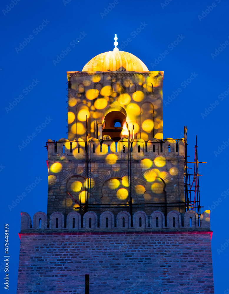 Sticker Illuminated Great Mosque of Kairouan in Tunisia at night