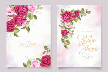 hand drawn maroon roses invitation card set 