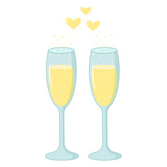 Two glasses of champagne with sparkling bubbles and yellow hearts. Valentine's day design element.