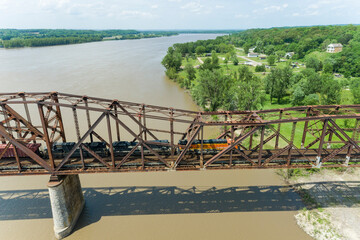 Freight train on Union Pacific railroad crossing the Mississippi river on the Thebes bridge Thebes,...