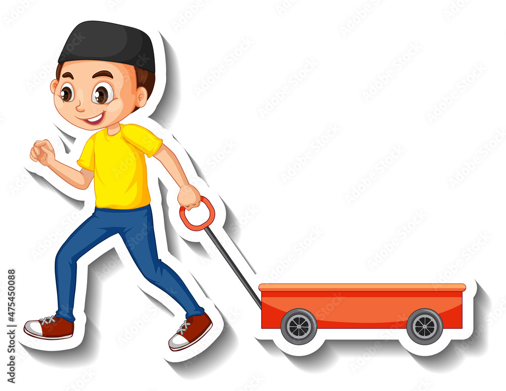 Sticker A muslim boy pulling cart cartoon character