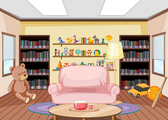 Interior of kindergarten library with many toys