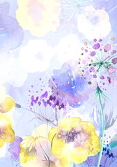 Watercolor bouquet of flowers, Beautiful abstract splash of paint, fashion illustration. Peony, rose  flowers, poppy, pansies, viola, field or garden flowers. Abstract floral background. Whirlwind