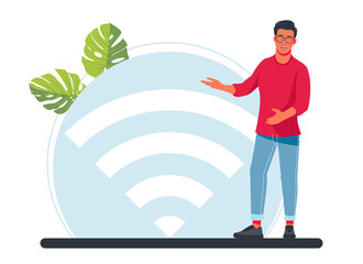 A man stands next to a large wi-fi sign. Vector illustration, public free wireless connection, wireless wifi hotspot, For mobile user interface, digital data streaming over radio channels