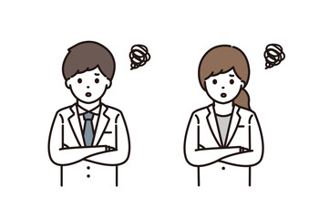 薬剤師 医師 男性 女性 悩む 腕組み