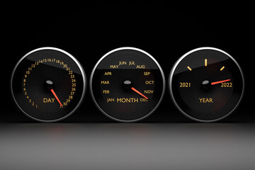 3D illustration close up black speedometer with cutoffs 2021,2022 and calendar months. The concept of the new year and Christmas in the automotive field. Counting months, time until the new year.